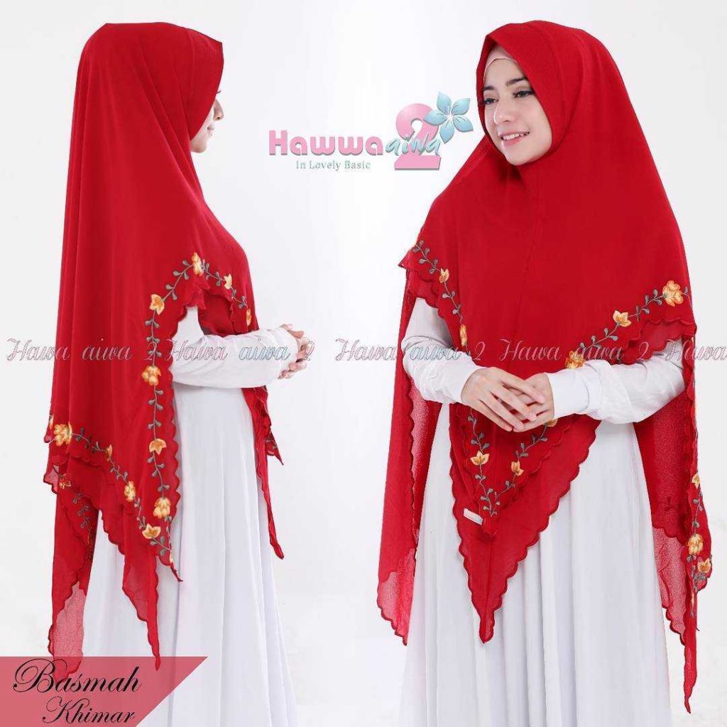 Khimar Basmah Vol 3 by HawwaAiwa Kerudung Bordir 2 Layer No 12 Merah