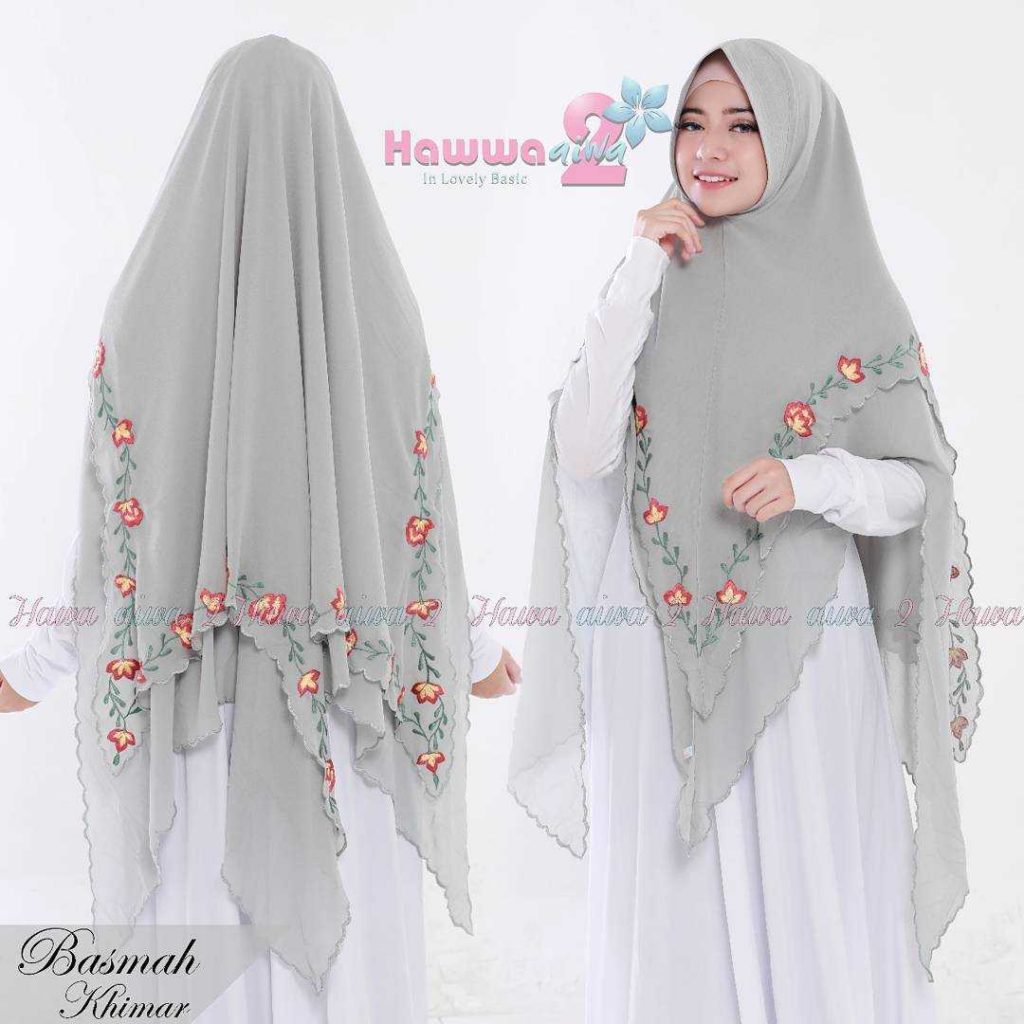 Khimar Basmah Vol 3 by HawwaAiwa Kerudung Bordir 2 Layer No 3 Abu Abu