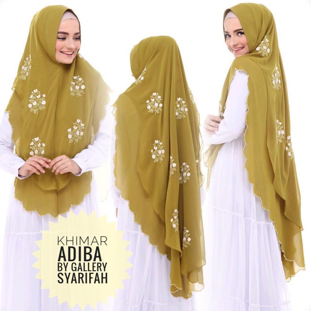 Khimar Adiba Bordir by Gallery Syarifah Kerudung Motif Bunga Cerruty 2 Layer Warna Avocado