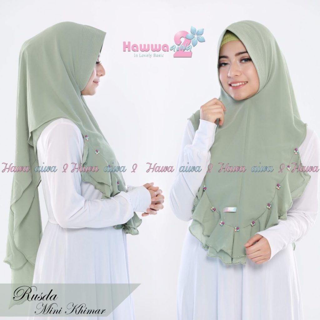 Khimar Rusda by Hawwa Aiwa Kerudung Mini Ceruti Hiasan Payet Mutiara Warna Soft Green 1